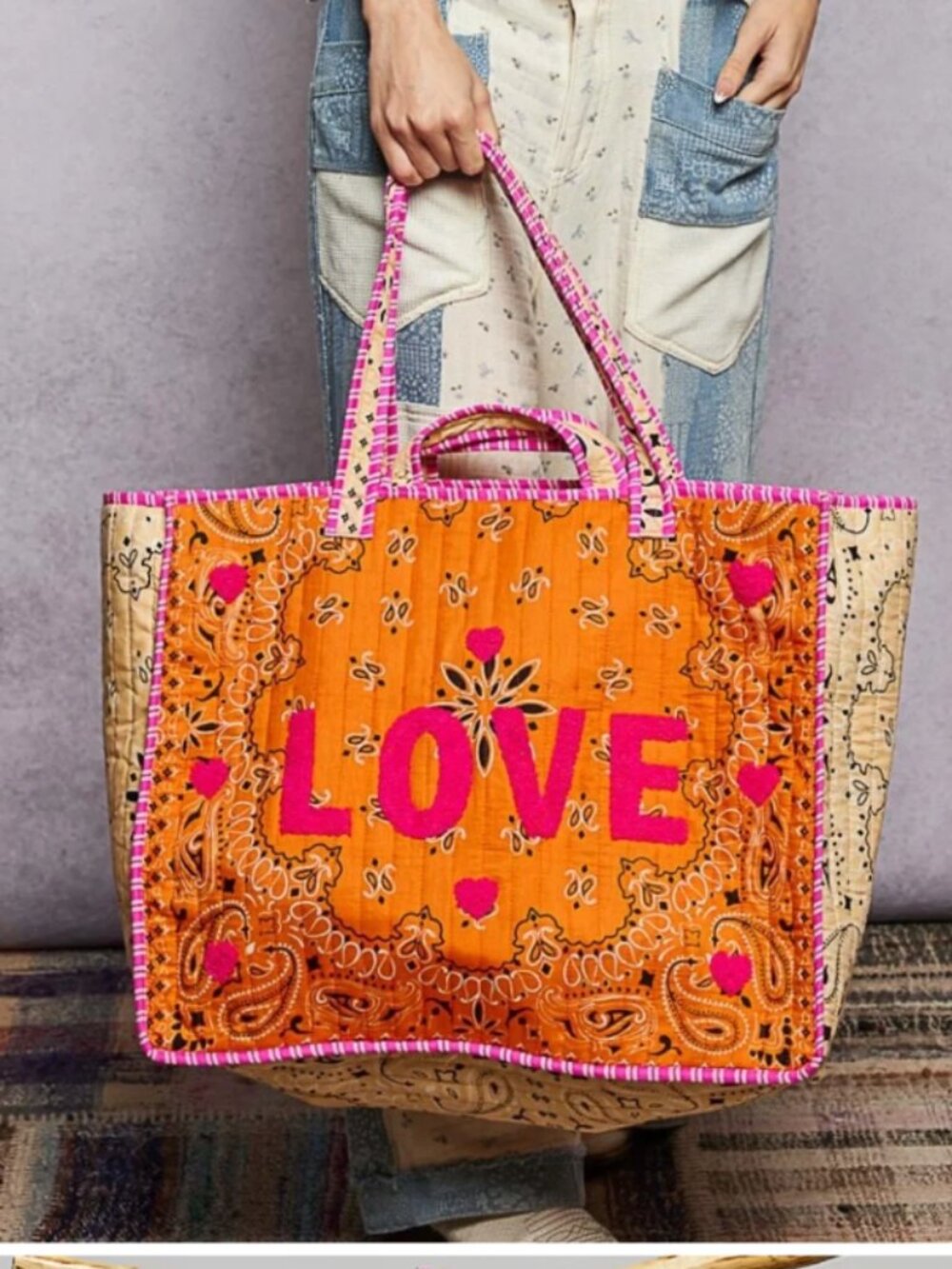 POL LOVE Quilted Tote Bag NWT Pink Orange Embroidered Cotton Boho Shoulder Bag